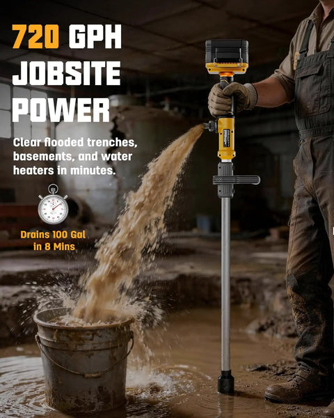 Worker using Cordless Water Transfer Pump With Brushless Motor, 720 GPH Portable Utility Pump For Pools, Ponds, Gardens, RVs And Boats