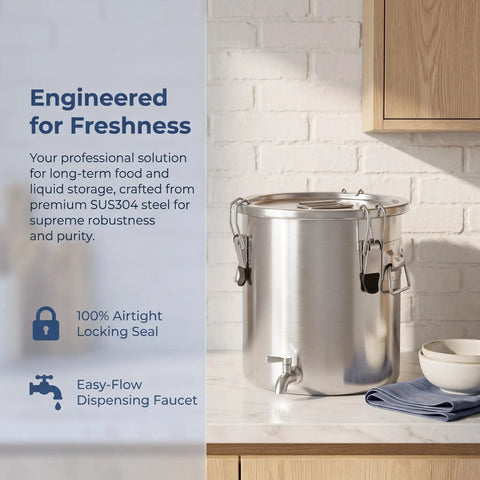 Straight Up Heavy Duty 304 Stainless Steel Beverage Dispenser With Easy Flow Spigot, Airtight Food Storage Container For Liquids And Bulk Grains, Top Shelf Kitchen Workhorse on a countertop.