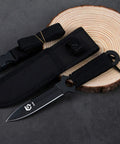 Straight Outdoor Survival Knife With Leg Straps And Sheath, Razor Sharp Blade Resting on Wooden Surface