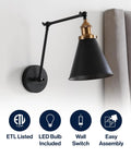 Industrial Metal Adjustable Arm LED Wall Sconce 7 Inch Black and Brass Gold for Bedside Reading with LED bulb and wall switch