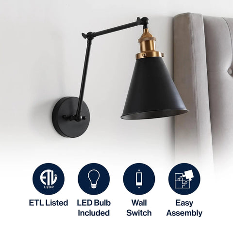 Industrial Metal Adjustable Arm LED Wall Sconce 7 Inch Black and Brass Gold for Bedside Reading with LED bulb and wall switch