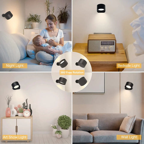Rechargeable Magnetic LED Reading Light Wall Sconce With Touch Control in various home settings with 360 degree rotation feature