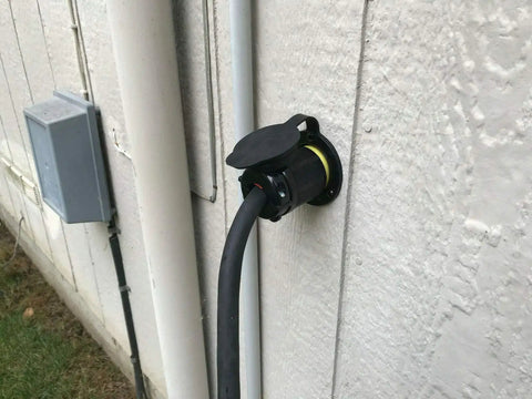 Locking NEMA L5-30R Plug Connector 30 Amp 125 Volt Two Pole Three Wire Locking Female Outlet in use on outdoor wall