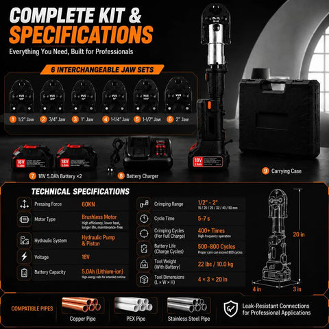60KN Cordless Electric Pipe Crimper Tool 18V Brushless Hydraulic Press Kit with 6 jaw sets and battery charger.