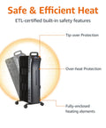 Heavy Duty Oil Filled Space Heater With Remote And Adjustable Thermostat 1500W showing safety features like tip-over and over-heat protection.