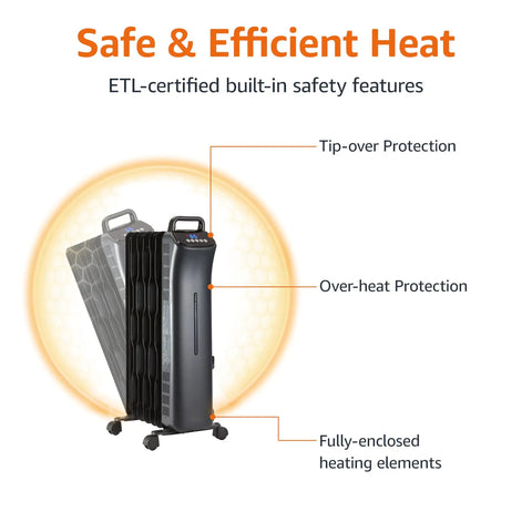 Heavy Duty Oil Filled Space Heater With Remote And Adjustable Thermostat 1500W showing safety features like tip-over and over-heat protection.