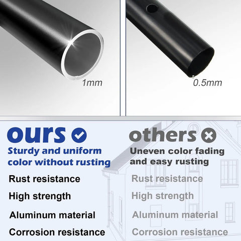 Close-up of black aluminum deck balusters highlighting 1mm thickness, comparison of corrosion resistance 50 Pack 36 Inch Aluminum Deck Balusters Round Black Metal Spindles Top Tier Railing Posts Built Rock Solid With Killer Weather Resistance For Outdoor Porch Staircase Railings 3/4 Inch.