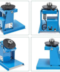Automatic Rotary Welding Positioner Rock Solid Cast Iron Base Built Tough, blue welding table with adjustable angles and foot pedal.