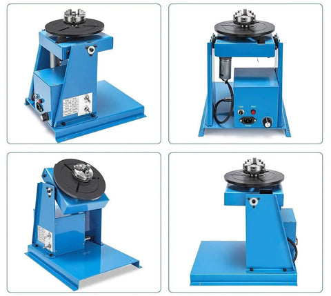 Automatic Rotary Welding Positioner Rock Solid Cast Iron Base Built Tough, blue welding table with adjustable angles and foot pedal.