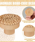 Boho Rattan Dresser Knobs Set With Six Handmade Round Wood Pulls And Six Screws Woven Wicker Cabinet Hardware close-up