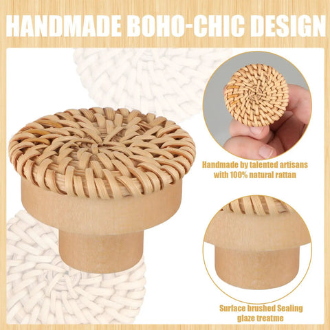 Boho Rattan Dresser Knobs Set With Six Handmade Round Wood Pulls And Six Screws Woven Wicker Cabinet Hardware close-up