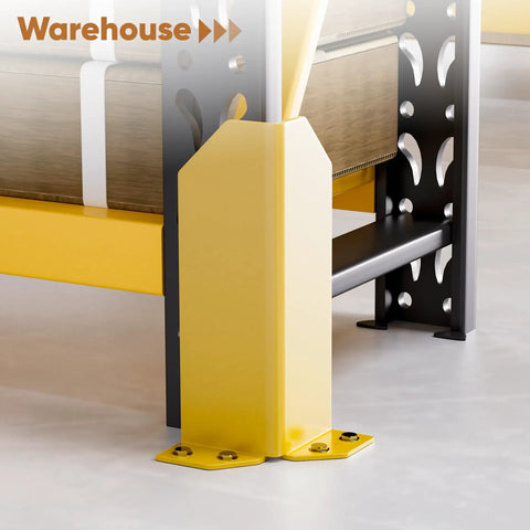 Built Tough 12 Inch Steel Pallet Rack Post Protectors With Ten Floor Anchor Bolts Warehouse Column Guards To Shield Shelving From Rough Forklift Bashing At The Job Site