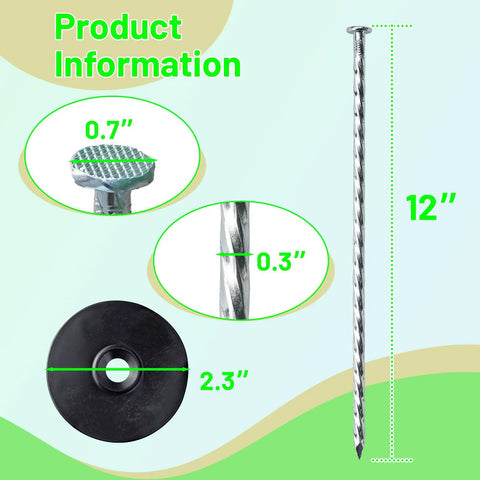 Heavy Duty 12 Inch Galvanized Landscape Stakes With Gasket Caps, 50 Sets Spiral Garden Spikes Kit for ground securing