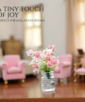2 Pcs Pink Miniature Flower Vase Set With One Sixth Scale Straight Up Killer Details For Dollhouse Decor, featuring a floral arrangement in a glass vase.