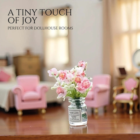 2 Pcs Pink Miniature Flower Vase Set With One Sixth Scale Straight Up Killer Details For Dollhouse Decor, featuring a floral arrangement in a glass vase.