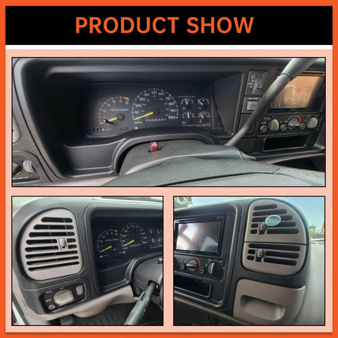 ECOTRIC black double-din dash panel for 1995–2002 GM C/K trucks, showing gauge cluster and center console bezel.