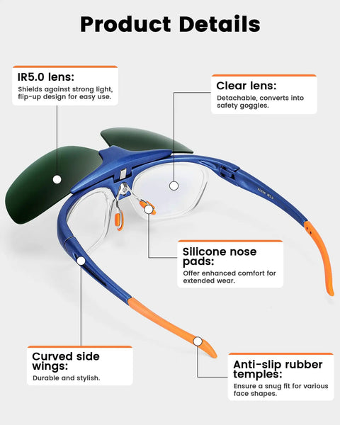Product details of flip up welding goggles with IR5.0 green lens, blue and orange frame, silicone nose pads, anti-slip rubber temples.