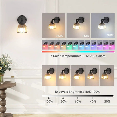 Vintage Battery Operated Wall Sconce With Amber Tulip Glass Lampshade showing color temperature and brightness options
