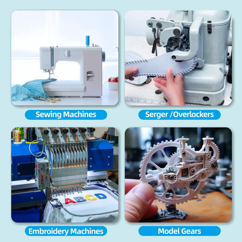 Collage of sewing, serger, embroidery machines and model gear demonstrating use with Clear Residue Free 1oz Fine Light Sewing Machine Oil