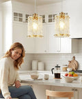 Sleek Gold Brushed Finish 2 Pack Modern Water Ripple Glass Pendant Lights With Adjustable Hanging Cords For Kitchen Island Dining Room Over Sink Super Dope Setup hanging over a kitchen island.