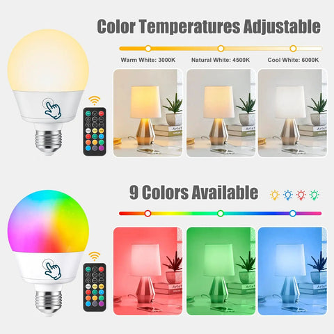 Adjustable LED bulb with remote control showing color temperatures and 9 color options.