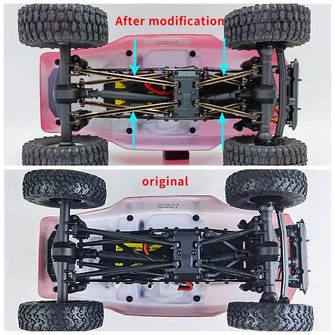 Top and bottom view of RC crawler with before and after upgrades using Beefed Up Ground Clearance RC Linkage Set For 1/24 Axial SCX24 Deadbolt