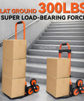 Heavy Duty Stair Climbing Hand Truck With Quick Fold Frame And Smooth Rolling Wheels For Zero Stress Moving No Sweat 300 Lb Cargo Hauler, loaded with boxes on stairs.