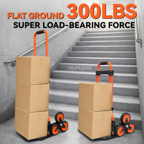 Heavy Duty Stair Climbing Hand Truck With Quick Fold Frame And Smooth Rolling Wheels For Zero Stress Moving No Sweat 300 Lb Cargo Hauler, loaded with boxes on stairs.