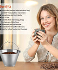 Number Four Reusable Permanent Cone Coffee Filters For 8 To 12 Cup Makers, Built To Last Stainless Steel Cone Filter with smiling woman
