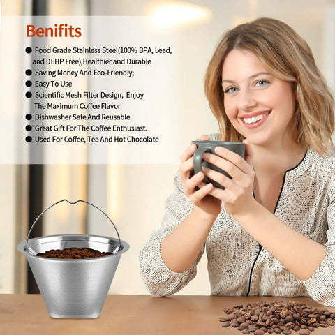 Number Four Reusable Permanent Cone Coffee Filters For 8 To 12 Cup Makers, Built To Last Stainless Steel Cone Filter with smiling woman