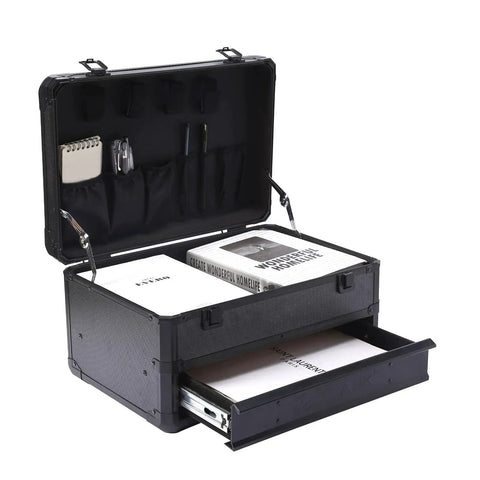 Heavy Duty Tool Box With Drawers Hard Case Organizer for home garage shop jobsite, black storage cabinet with open lid and drawer