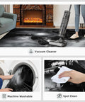 Locomotive Train Rug For Bedroom And Living Room, Comfy Underfoot Ultra Soft Low Pile Washable Rug With Non Slip Backing shown with vacuum cleaning, washing machine, and spot cleaning options