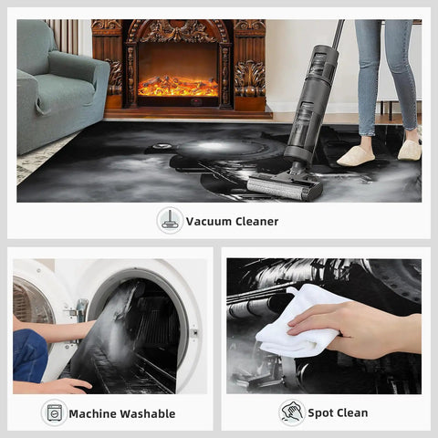 Locomotive Train Rug For Bedroom And Living Room, Comfy Underfoot Ultra Soft Low Pile Washable Rug With Non Slip Backing shown with vacuum cleaning, washing machine, and spot cleaning options