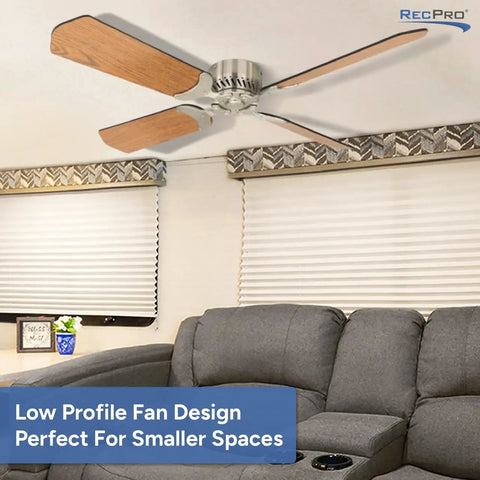 12V RV Ceiling Fan With 36 Inch Brushed Nickel Finish Four Blades Includes Switch Oak Blade Option in camper