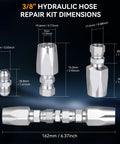 Hydraulic hose repair kit with 3 sizes and 6 repair parts; metal silver fittings shown in front and side views.