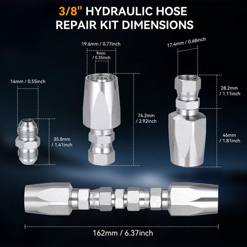 Hydraulic hose repair kit with 3 sizes and 6 repair parts; metal silver fittings shown in front and side views.