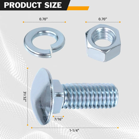 Chrome Bumper Bolts Kit 7/16 Carriage Bolts With Capped Round Heads Ford 7/16-14x1-1/4 Front And Rear Bumper Bolts Hex Nuts And Lock Washers High Strength Steel All Hardware Included 4 Set, showing bolt, nut, and washer dimensions.