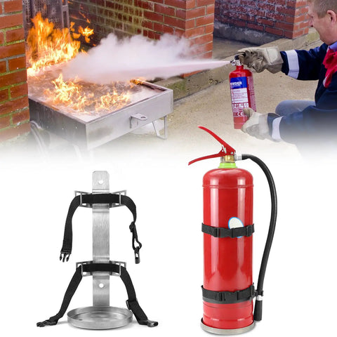 Two Pack Stainless Steel Fire Extinguisher Brackets, 5.5 Inch Diameter For 5 Pound Extinguishers, Built Like A Tank, shown with extinguisher