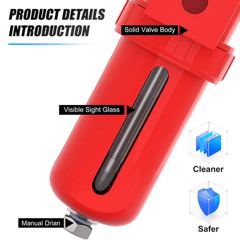 One Quarter Inch NPT Air Desiccant Dryer System With Beads Bag For Drying Compressed Air Ideal For Plasma Cutters And Paint Sprayers Durable Aluminum Body Two Ports Seven To Two Hundred Fifteen PSI One Hundred Forty CFM visible sight glass and manual drain