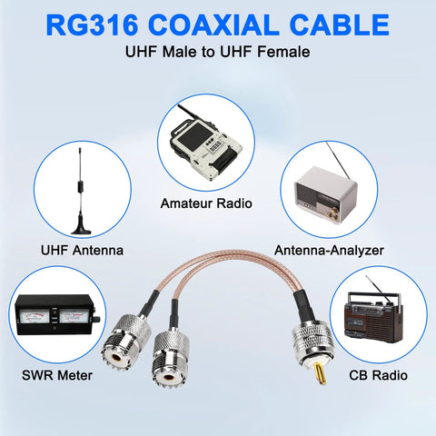 UHF Male To Dual UHF Female Splitter Cable PL 259 To SO239 Coax RG316 for ham radio gear and antenna analyzer