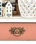 Old School Brass Drawer Pulls Set 2 Antique Cabinet Handles Small Retro Hollow Carved Brass Knobs on pink dresser