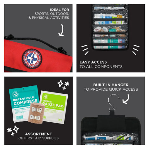 Be Smart Get Prepared 73-Piece sports first aid kit in red roll-up bag with built-in hanger