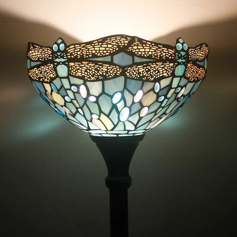 Sea Blue Tiffany Dragonfly Floor Lamp With 71 Inch Pole Torchiere And 12 Inch Shade Stained Glass Uplight For Your Bedroom