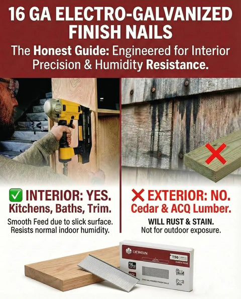 Jam Free Smooth Ride For Cordless Nailers 16 Gauge Finish Nails Two Inch Galvanized Straight Head 1000 Count Pack displayed on a guide.