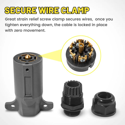 7 Pin Trailer Plug With IP68 Waterproof Seal Detachable 7 Way Round RV Style Trailer Side Connector With Secure Wire Clamp