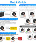 Quick guide for Smart Cabinet Lock With Fingerprint, Remote Unlock, And USB Key Backup, includes steps for binding and adding fingerprints.