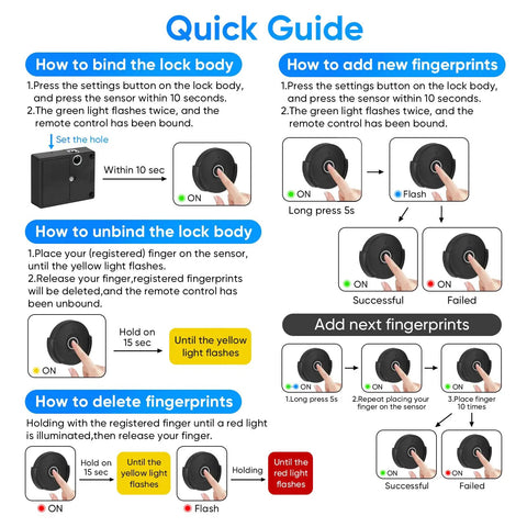 Quick guide for Smart Cabinet Lock With Fingerprint, Remote Unlock, And USB Key Backup, includes steps for binding and adding fingerprints.