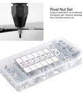 Aluminum Rivet Nuts Set With Flat Head And Anti Rust Finish, Threaded Rivnut Inserts Kit in six compartment box displayed