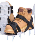 Aluminum Lawn Aerator Shoes With 2.2 Inch Spikes, adjustable straps, and included stainless steel shovel, front view.