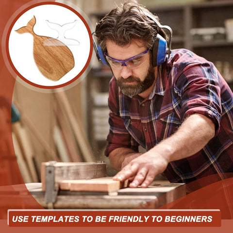 Man woodworking with Five Pcs Acrylic Charcuterie Board Handle Template Set, fishtail template shown.